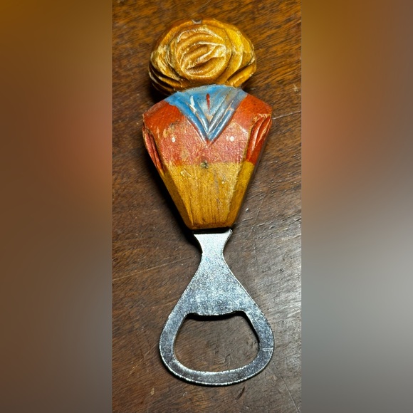 Opener Bottle Top Cap Bar Hand Carved Wood Woman Germany Vintage - Picture 2 of 3